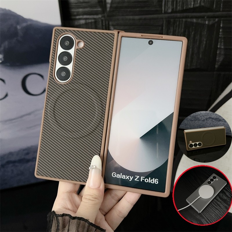 เคสโทรศัพท์คาร์บอนไฟเบอร์แม่เหล็กบาง Samsung Galaxy Z พับ 7 Z พับ 6 Z 5 Z พับ 4 ปลอกชาร์จไร้สายบางเฉียบกันกระแทกเปลือกแข็งป้องกัน Z Fold6 Fold5