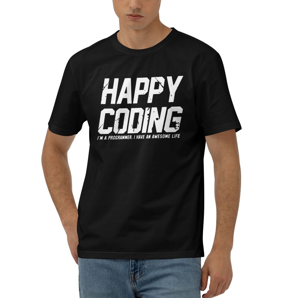 Happy Coding เสื้อยืดผ้าฝ้ายยอดนิยมสําหรับผู้ชาย