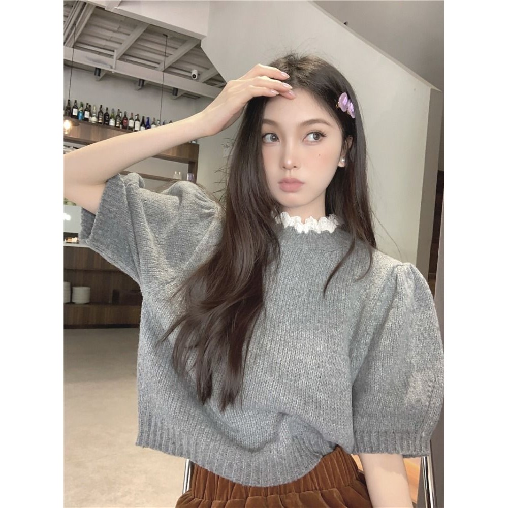 ฤดูใบไม้ร่วงของผู้หญิงลูกไม้ที่เรียบง่ายถักแขนฟองเสื้อกันหนาว