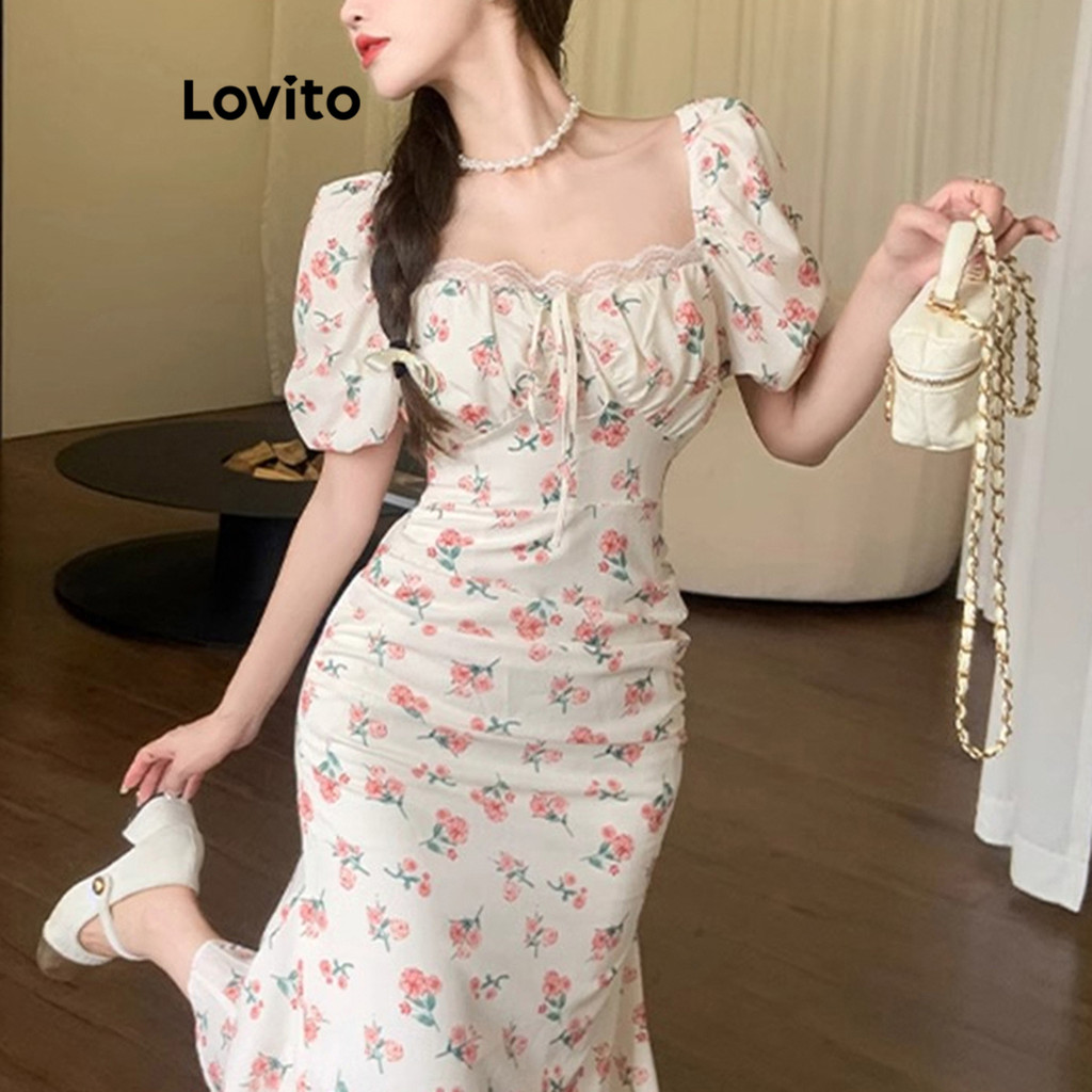 Lovito ชุดเดรสผู้หญิง ลายดอกไม้ สไตล์ลำลอง LNE61458
