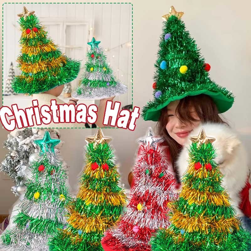 Shining Rain Silk Christmas Hat - หมวกปาร์ตี้คริสต์มาสสะท้อนแสงไม่ทอ - บุคลิกภาพตลก Xmas Tree Shape หมวกตกแต่ง - สีแดง, สีเขียวแต่งตัวอุปกรณ์เสริม Headwear