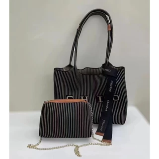 【พร้อมส่ง】miss bag fashion กระเป๋าช๊อปปิ้งไฮโซทอลายริ้ว ทรงสวย แพ็ค 2 ชิ้น