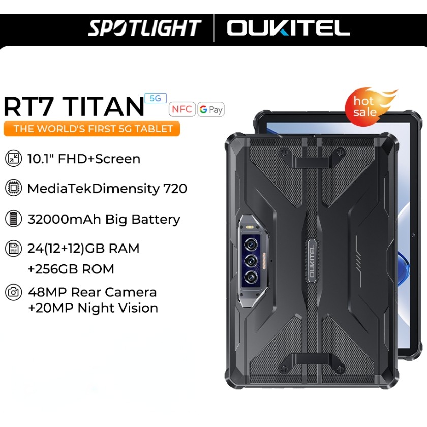Oukitel RT7 TITAN 5G แท็บเล็ตที่ทนทาน 10.1 "FHD + 32000mAh 24GB + 256GB Android 13 แท็บเล็ต 48MP + 20MP แท็บเล็ตพีซี