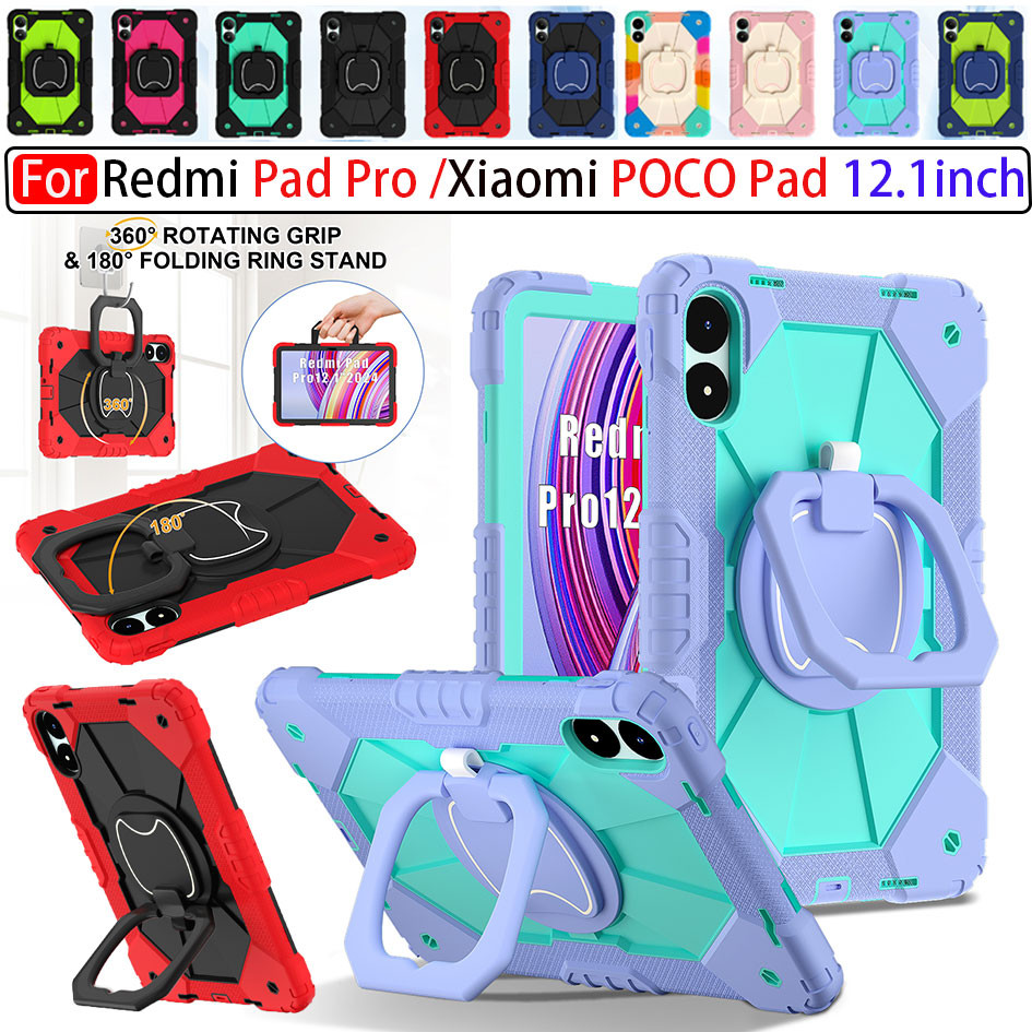 สําหรับ Xiaomi Redmi Pad Pro 2024 12.1 นิ้ว Xiaomi POCO Pad 2024 12.1 นิ้ว 360° หมุนแบบพกพา Handle Stand Holder case Kids Safe Heavy Duty กันกระแทกแท็บเล็ต Cover