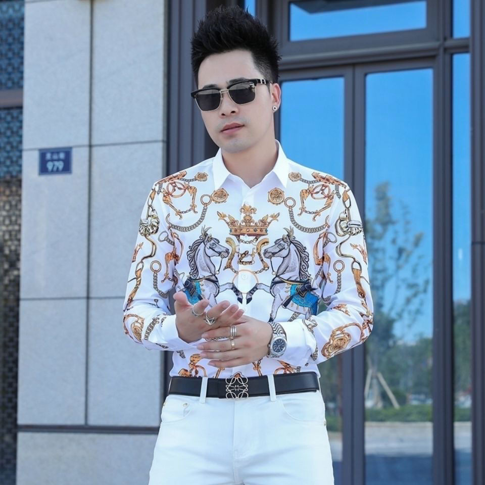 Station High-End Flower Shirt Boys Youth Ruffian Handsome Slim-fit Long-