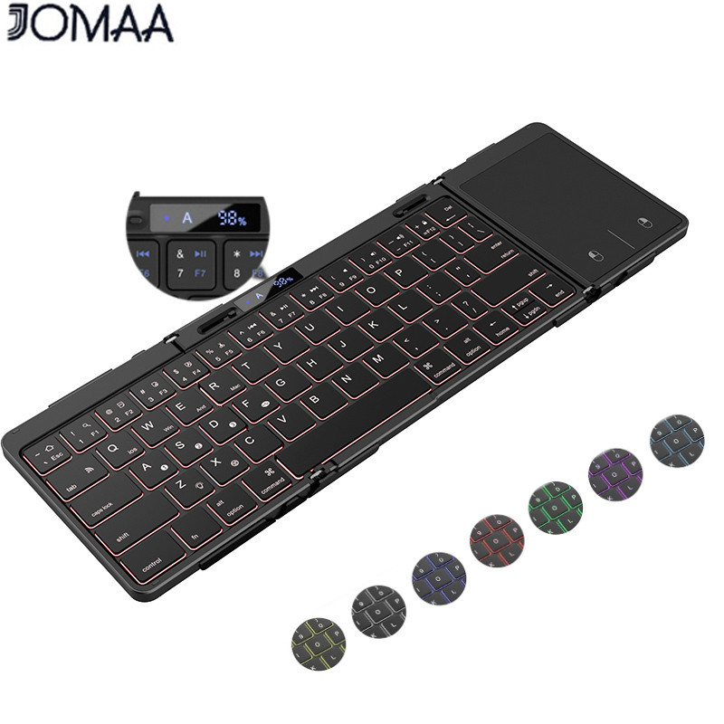 Jomaa RGB Backlight บลูทูธคีย์บอร์ดพับได้พร้อมจอแสดงผลระดับแบตเตอรี่คีย์บอร์ดพับไร้สายแบบชาร์จไฟได้พร้อมทัชแพด/ตัวเลขสําหรับ Windows/Android/Mac/ISO