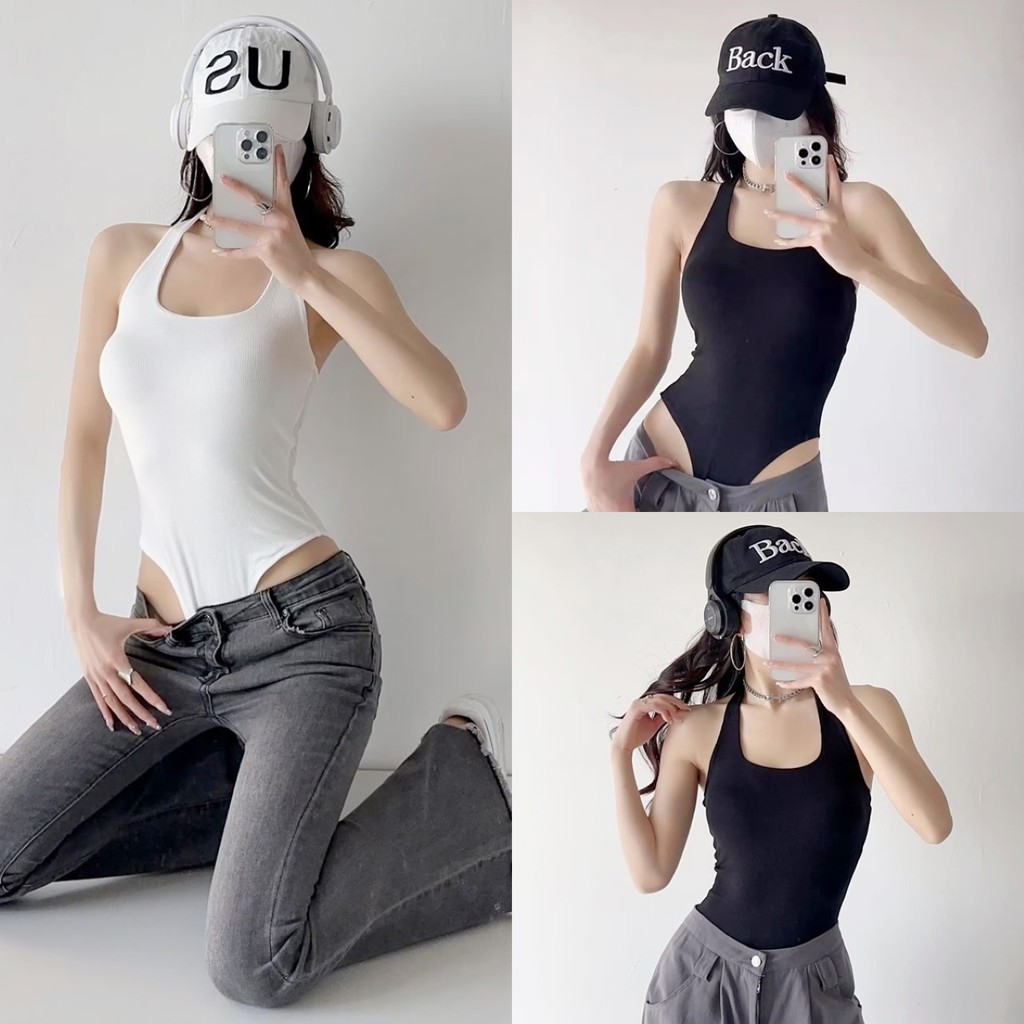 FC พร้อมส่ง บอดี้สูทผ้าร่องยืดเข้ารูป ทรงเสื้อกล้ามคอลึก 4 สี เป้ากระดุมแป๊ก