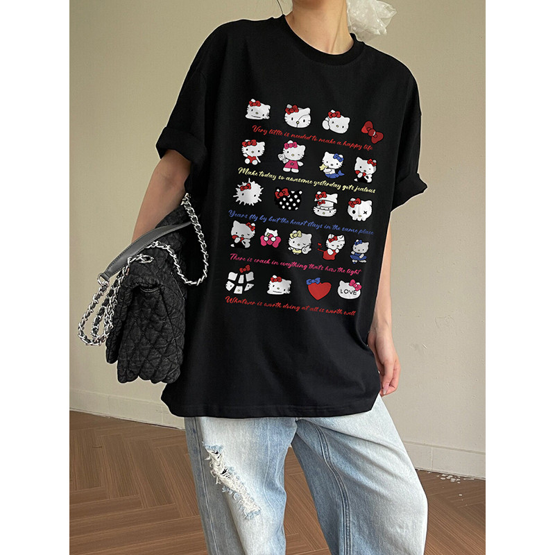 Nuziro เสื้อยืด oversize - เสื้อยืดแขนสั้นพิมพ์ลาย Hello Kitty น่ารักสําหรับผู้หญิง #I171