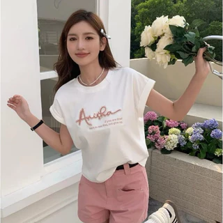 ข ผู้หญิงปักจดหมายแขนสั้นเสื้อยืดไหล่เต็มรอบคอรุ่นหลวม