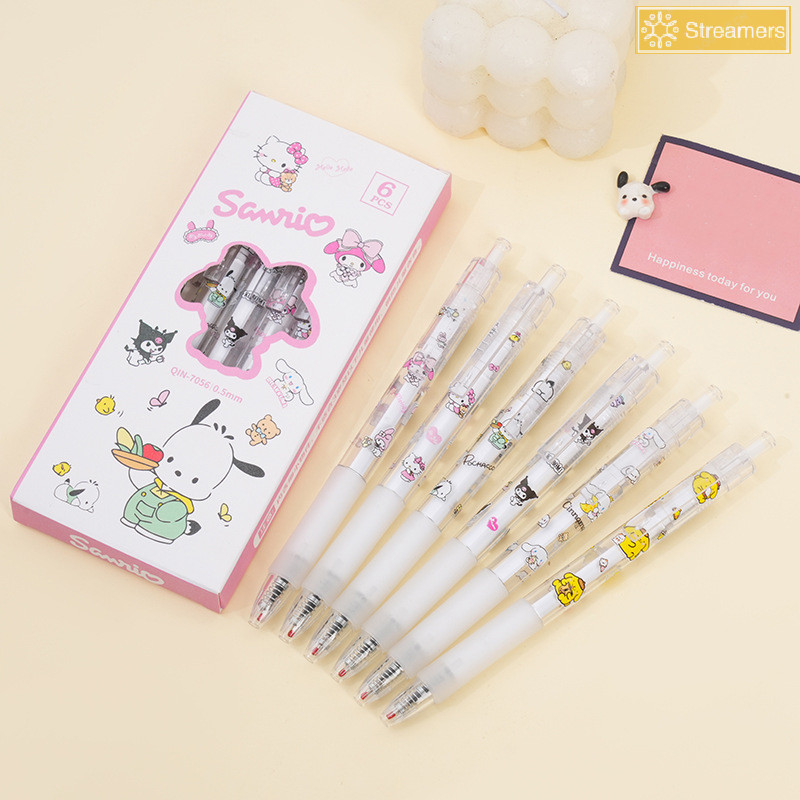 {Streamers} 6 ชิ้น Kawaii Sanrio Hello Kitty Kuromi Pochacco Pressing ปากกาเจลชุด Quick Drying ปากกาสีดํานักเรียนเครื่องเขียนอุปกรณ์การเรียนของขวัญใหม่