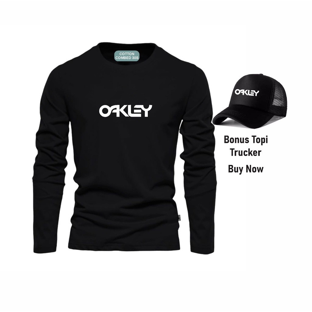 เสื้อยืดโบนัสหมวกเสื้อยืด Distro Okley แขนยาวผ้าฝ้าย Combed Logo สีขาว WaliStore