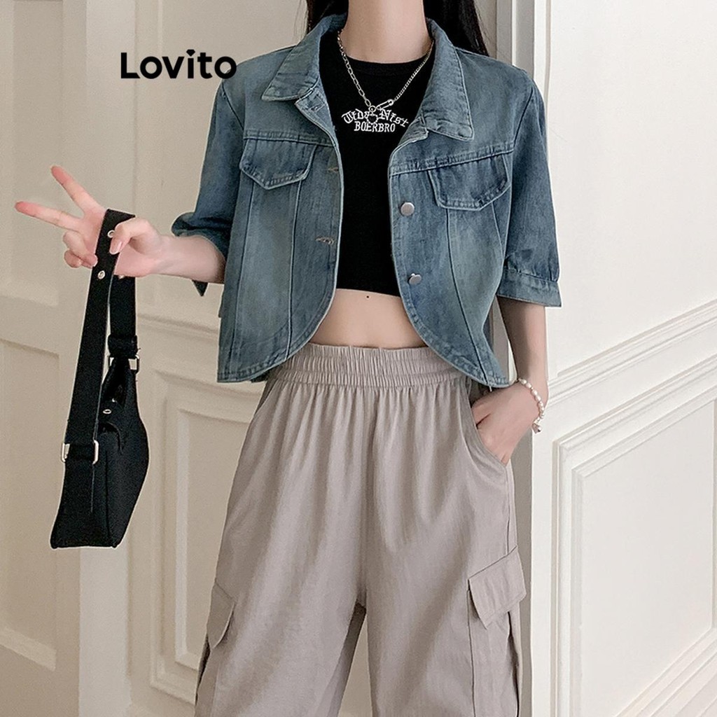 Lovito เสื้อแจ็คเก็ตยีนส์ผู้หญิง มีกระเป๋า มีกระดุม เบสิก สีพื้น สไตล์หรูหรา LNE67225