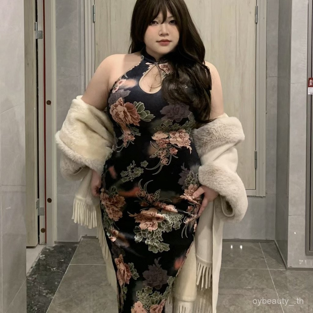 300กก. ไซส์ใหญ่สาวอวบตัวเล็กเซ็กซี่สาวฮอต Yu Jie ชุดเดรสเข้ารูปสไตล์จีนกลวงใหม่