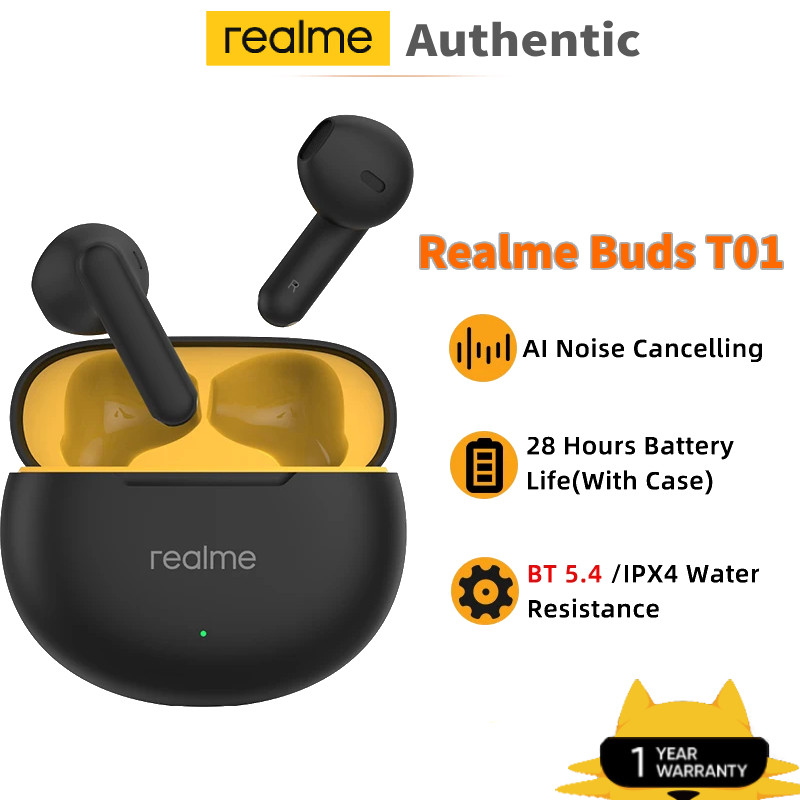 Realme Buds T01 หูฟังไร้สาย True AI ตัดเสียงรบกวนหูฟัง TWS บลูทูธ 5.4 28 ชั่วโมงอายุการใช้งานแบตเตอรี่ IPX4 สําหรับ Realme 13 Pro