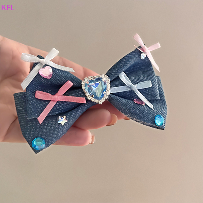 (KFL) ประณีต Rhinestone ริบบิ้น Denim Bowknot คลิปผมโบว์คลิปด้านข้างสําหรับผู้หญิงสาว Duckbill คลิปอุปกรณ์ผมขายร้อน