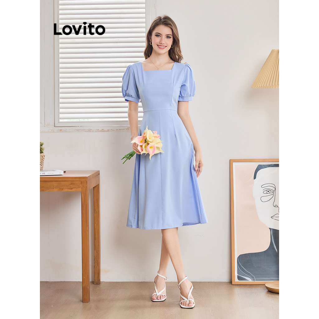 Lovito เดรสผู้หญิง มีซิป สีพื้น สไตล์หรูหรา L95ED815