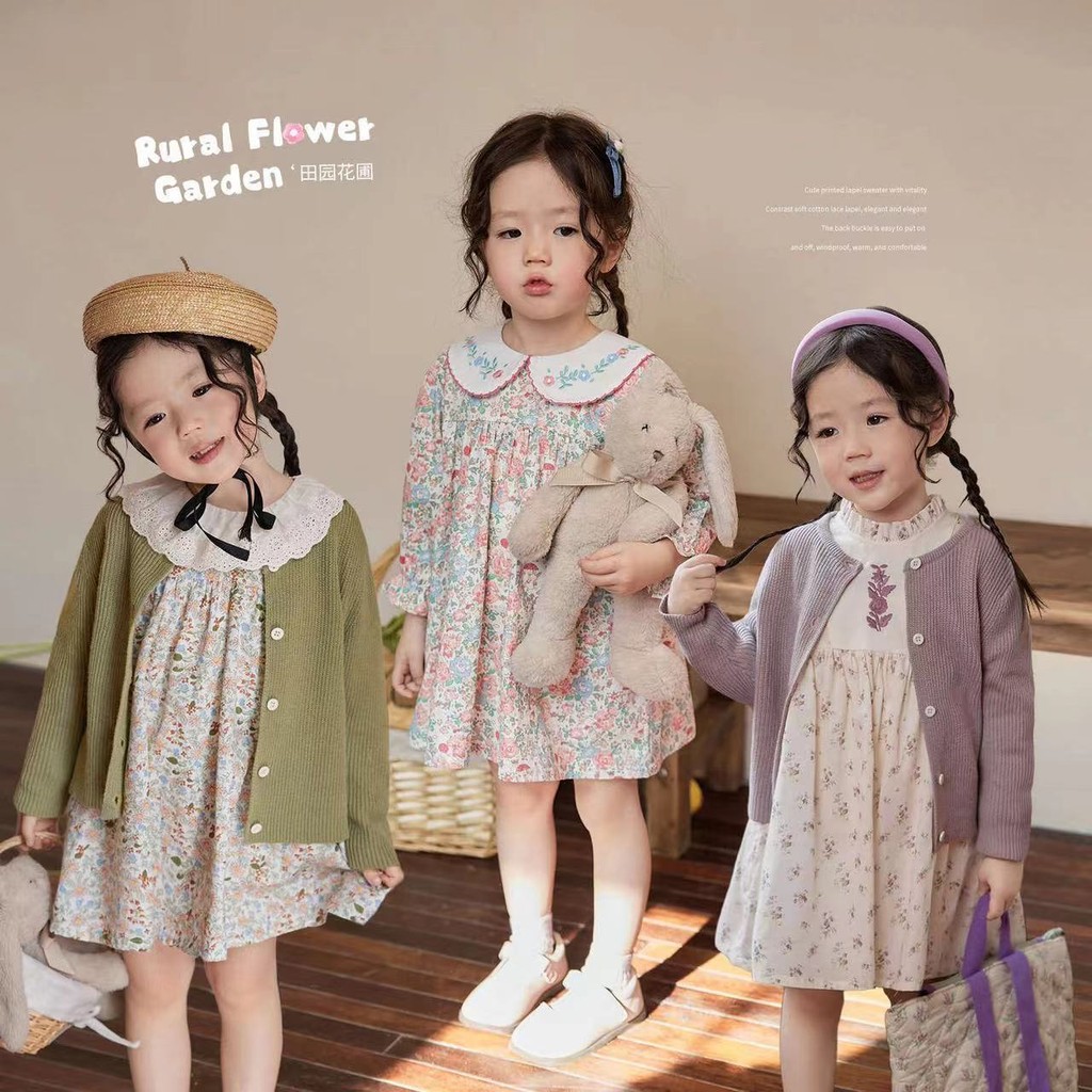 [คลังสินค้าพร้อม] เวอร์ชั่นเกาหลีเสื้อผ้าเด็กเด็กกระโปรงดอกไม้สาวแขนยาวสไตล์ตะวันตกชุดเด็กคอตุ๊กตากระโปรงฤดูใบไม้ผลิสไตล์ฤดูใบไม้ร่วงขนาด 90-130