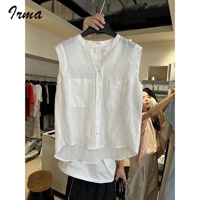 เสื้อเชิ้ตผ้าลินินแขนกุดคอกลมสไตล์เกาหลีสำหรับผู้หญิงในช่วงฤดูร้อนปี2026ใหม่หลวมสันทนาการทุกการจับคู่ด้านบน