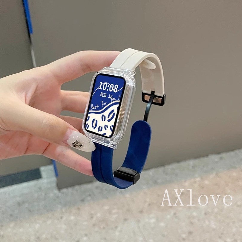 สายซิลิโคนสําหรับ Mi Band 8 7 Pro สายรัดอุปกรณ์เสริมนาฬิกาอัจฉริยะ Correa หัวเข็มขัดแม่เหล็กสร้อยข้อมือเปลี่ยนเข็มขัดสําหรับ Xiaomi Mi Band 8 Pro พร้อมเคสใส