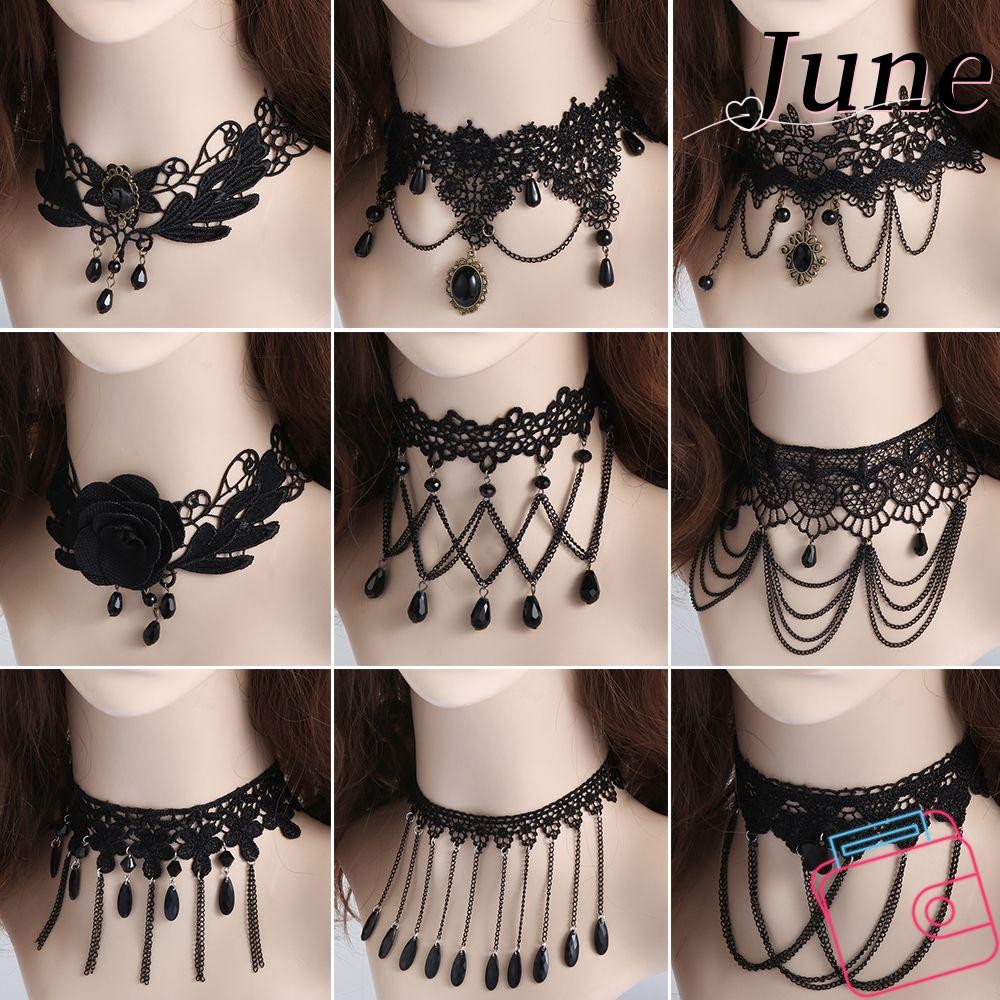 June โซ่คล้องคอหรูหราลูกไม้สีดําสไตล์ Steampunk Chocker
