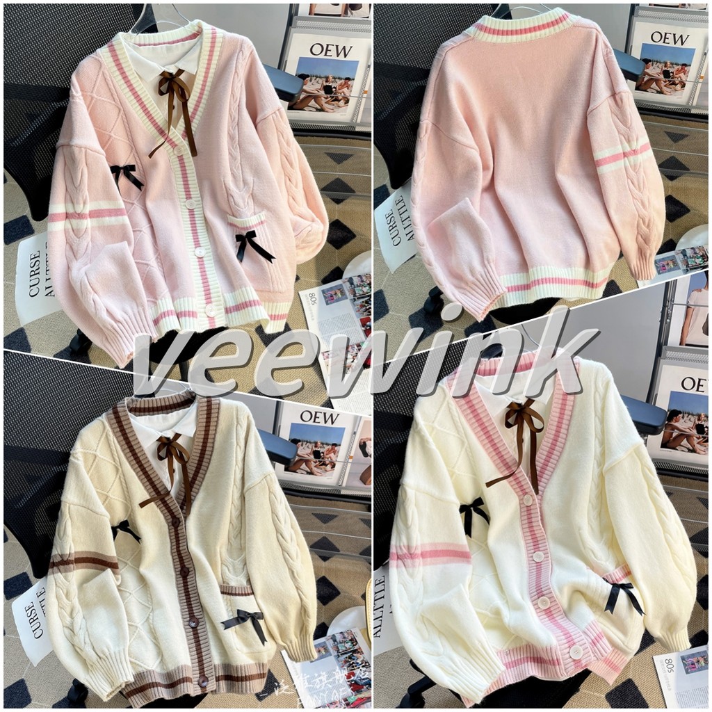 Veewink พร้อมส่งจากกทม เสื้อแจ็กเก็ตกันหนาว แขนยาว ผ้าถัก สไตล์ใหม่ แกนปั่นด้าย คอวี JK เครื่องแบบกับเสื้อกันหนาว