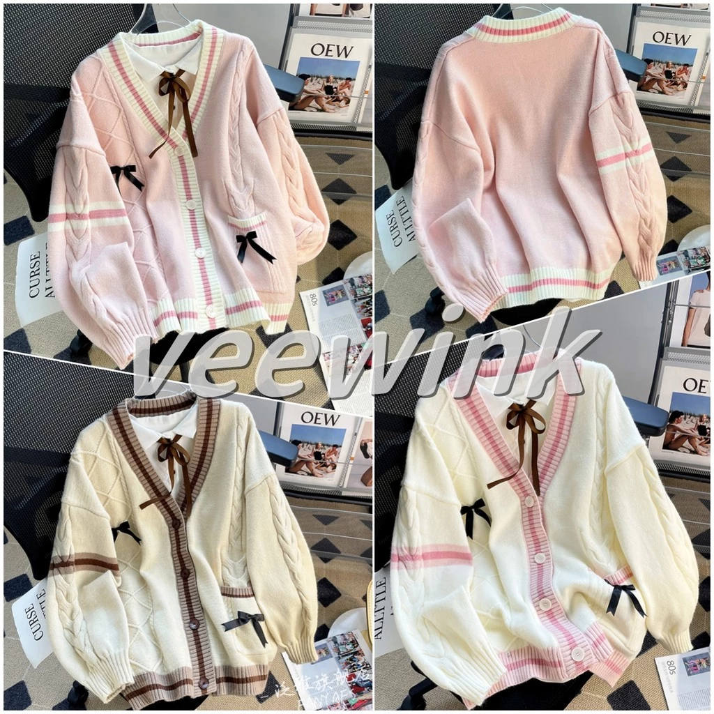 Veewink พร้อมส่งจากกทม เสื้อแจ็กเก็ตกันหนาว แขนยาว ผ้าถัก สไตล์ใหม่ แกนปั่นด้าย คอวี JK เครื่องแบบกับเสื้อกันหนาว