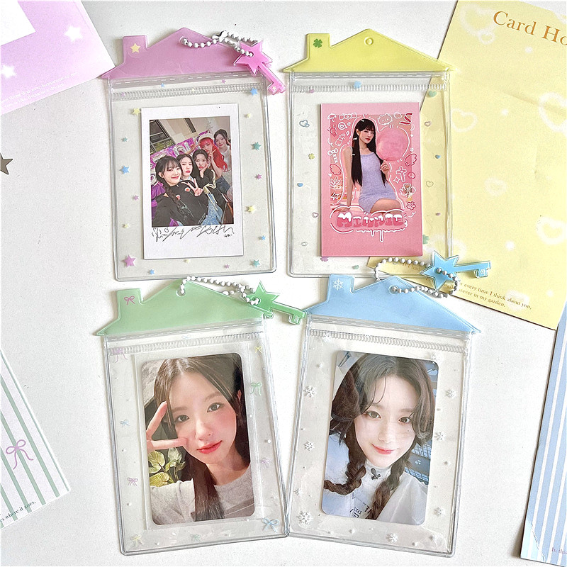 3 นิ้วผู้ถือบัตรใสพีวีซีตุ๊กตากระเป๋า โฟโต้การ์ด ป้องกันพวงกุญแจจี้