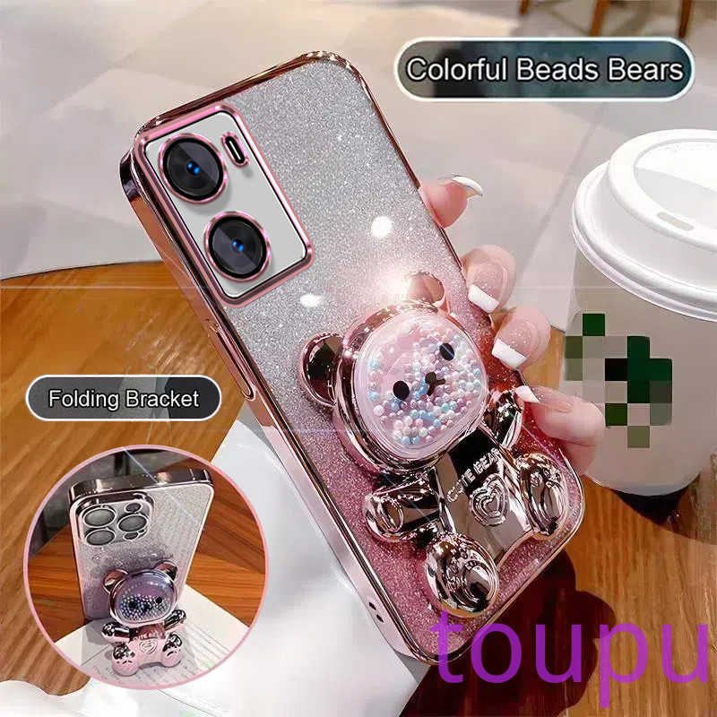 เคสโทรศัพท์สําหรับoppo A57 4G 2022 A57 2022 5G A77 A77S A57Eแฟชั่นGlitter Electroplatingโปร่งใสกรณีเปลือกบรรเทาความเครียดที่มีสีสันลูกปัดหมีวงเล็บพับ