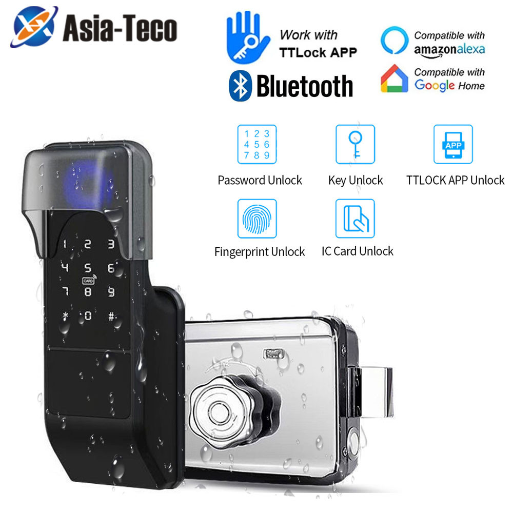 IP65 กันน้ํา TTLock ลายนิ้วมือสมาร์ทประตูล็อคกลางแจ้งประตูบลูทูธรหัสผ่าน 13.56MHz IC Card Deadbolt ล็อค + กุญแจล็อค
