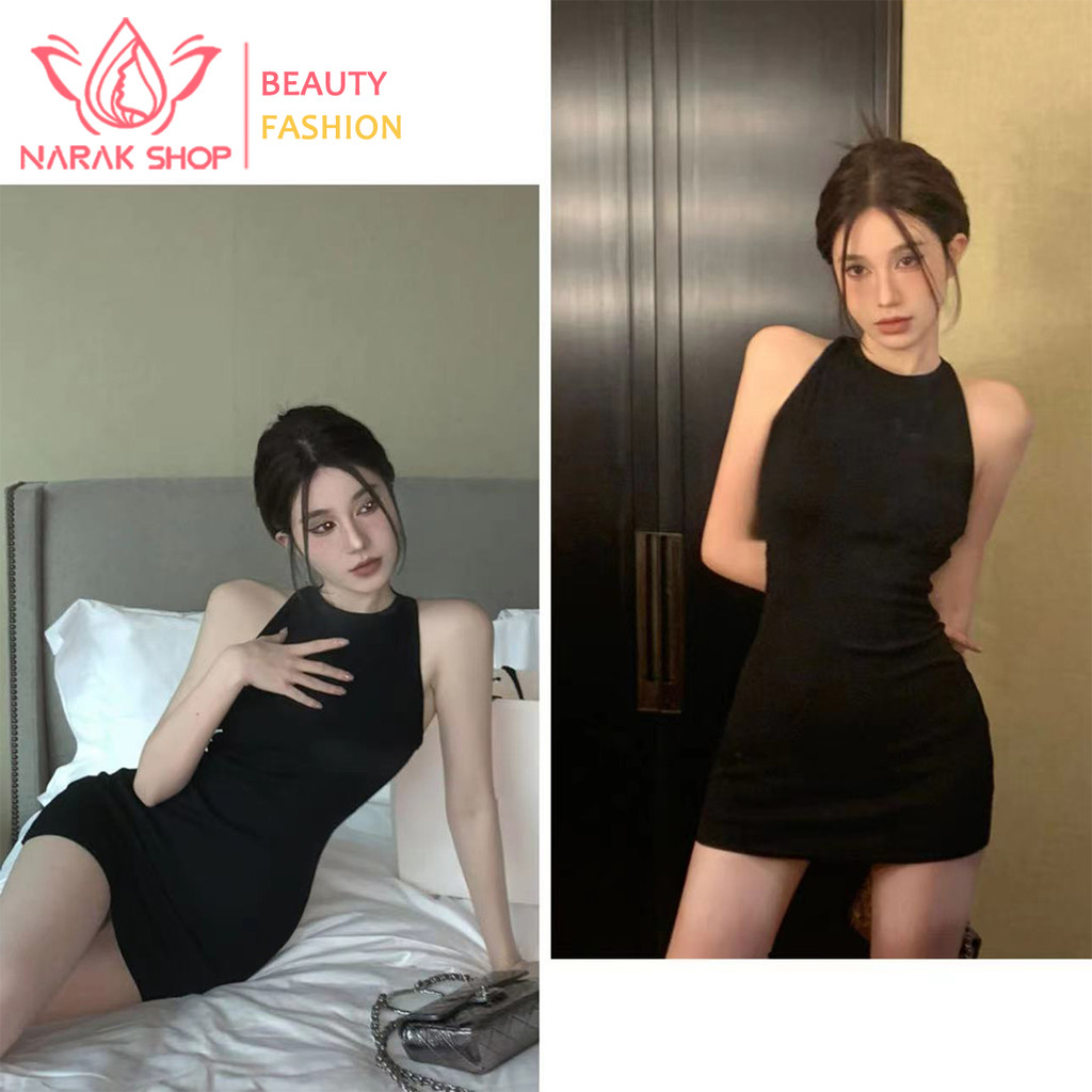 ชุดเดรสสั้นสีดำ ผูกคอ โชว์หลัง สไตล์ฤดูร้อน