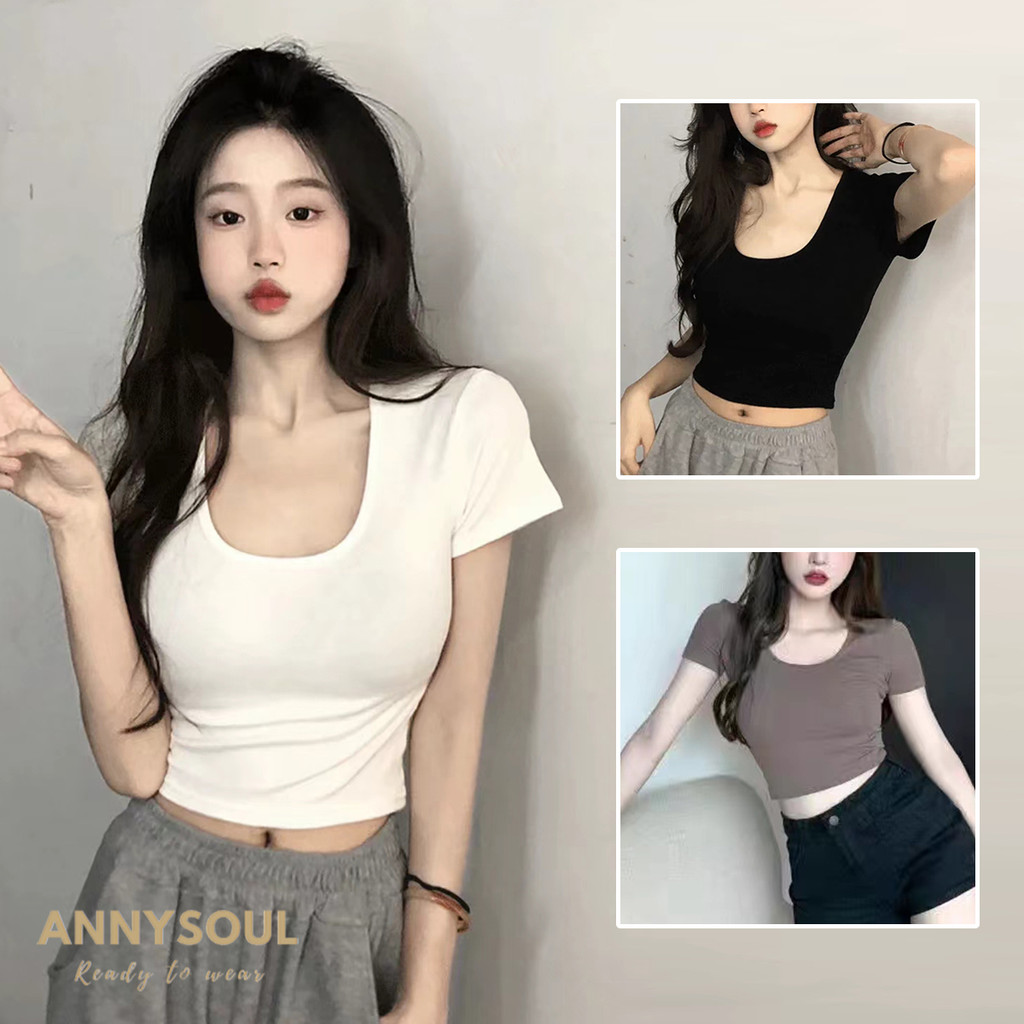 เสื้อยืดคอ U สีขาว แขนสั้น สำหรับหญิงสาว แนบกระชับ
