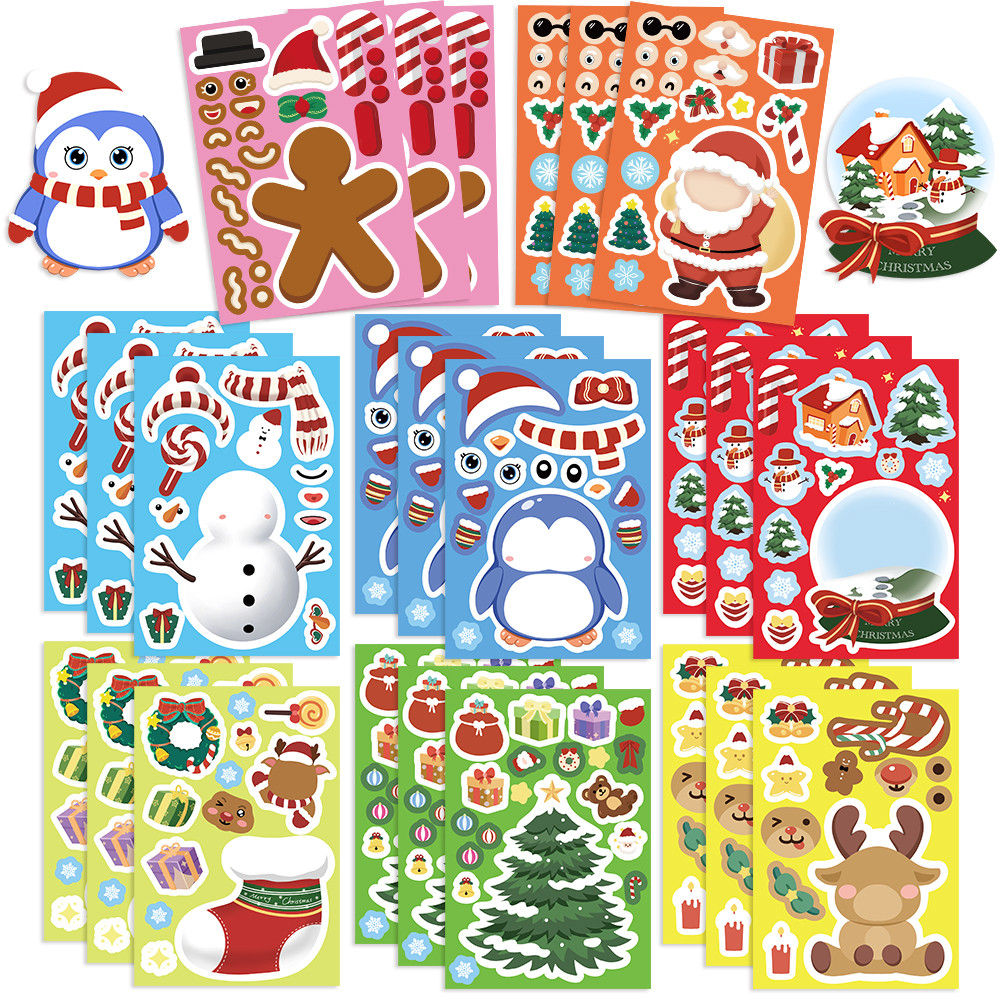 8sheeps Christmas Party Games Sticker, Snowman Reindeer Face Christmas Character Stickers, Mix and Match Sticker Sheets Christmas Crafts สติ๊กเกอร์กิจกรรม