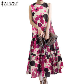Zanzea ชุดเดรส Loog พิมพ์ลายแขนกุดวันหยุดหลวมสําหรับผู้หญิง