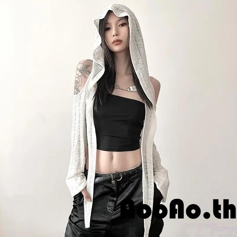 【ส่งจากไทย】เสื้อคาร์ดิแกนกันแดดสำหรับผู้หญิง แขนยาว มีฮู้ด สายรัดโลหะแบบกลวง เสื้อคลุมตัวยาวแบบนิ่ม