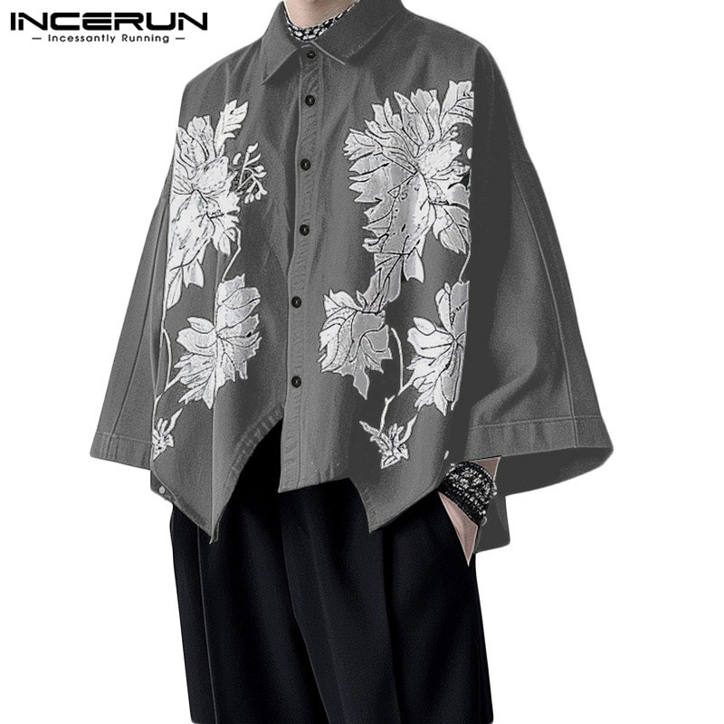 Incerun เสื้อเชิ้ตพิมพ์ลายแขนบานลําลองสําหรับบุรุษเกาหลี