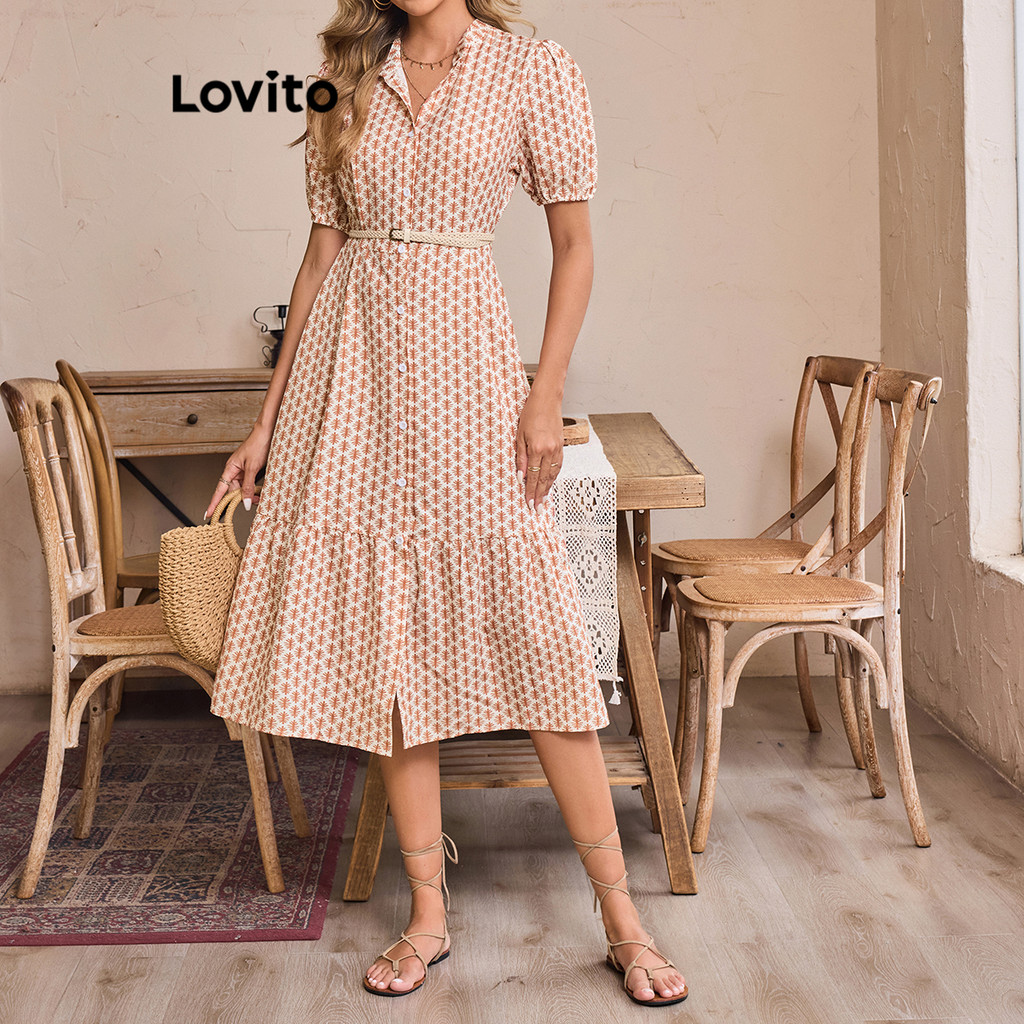 BR17-OCT24-B-1-เดรสเชิ้ตกระโปรงลายพิมพ์เรขาคณิตพร้อมเข็มขัด-DRB17BR236