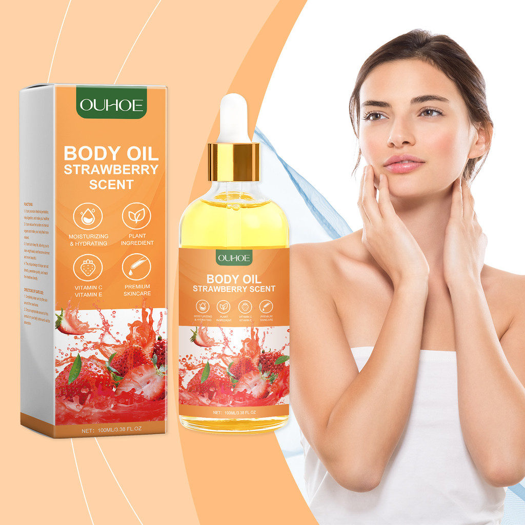 100ml OUHOE Strawberry Body Oil ให้ความชุ่มชื้น, บํารุง, ความยืดหยุ่น, กระชับ, เส้นละเอียด, น้ํามันนวดตัวบํารุง LOVKOR