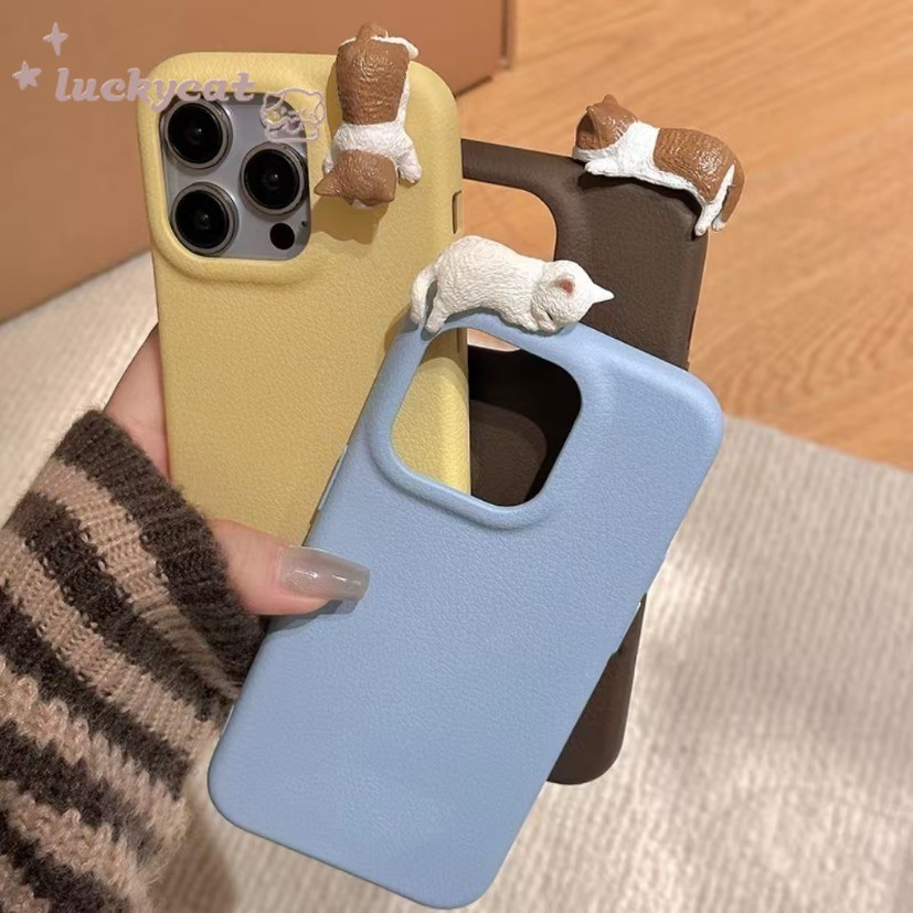 Iphone 16 15 14 13 12 11 Pro Max X Xr Xs Max 7 8 Plus SE2020 เคสโทรศัพท์น่ารักหีแมวสีลูกกวาดปกหนังลิ้นจี่นุ่ม