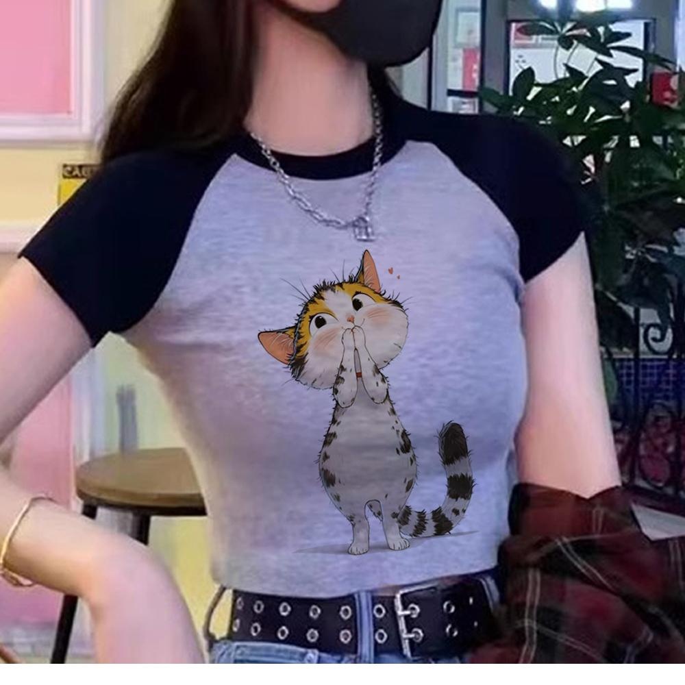 CAT aesthetic gothic hippie crop top Woman yk2 2000s cyber y2k vintage เสื้อผ้า