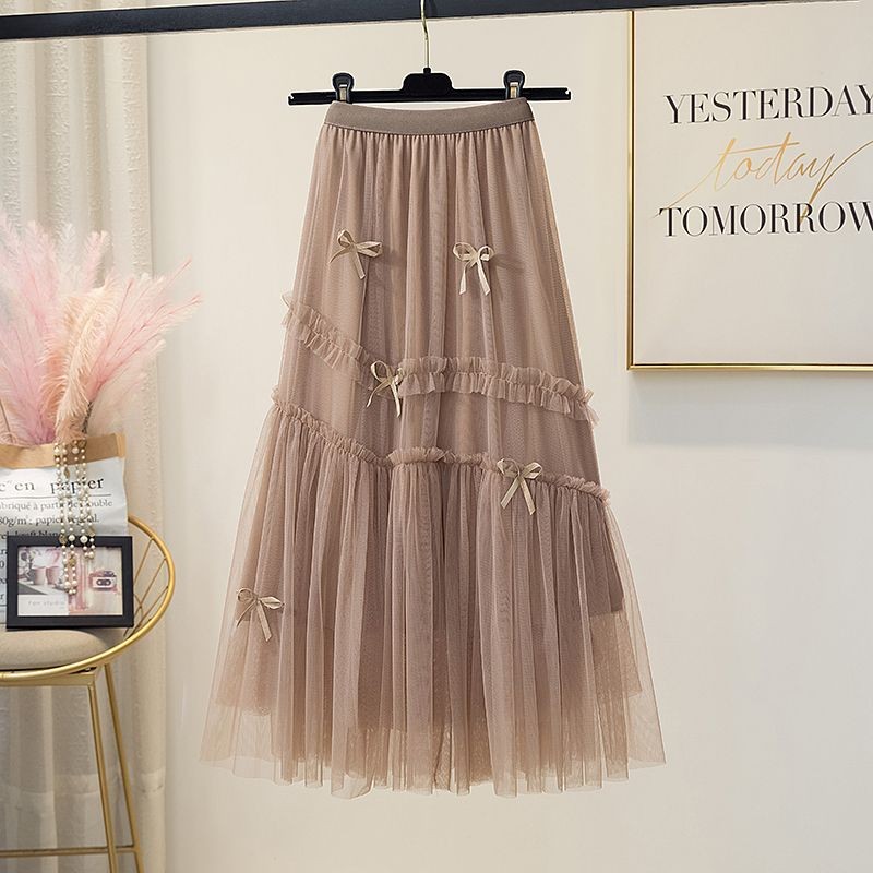 Super Fairy Bowknot กระโปรงผ้ากอซผู้หญิงฤดูใบไม้ผลิฤดูร้อนสไตล์ใหม่เอวสูง a-Line กระโปรงกลางความยาวกระโปรงจีบ Slimmer ดูกระโปรงผ้ากอซ - รูปที่ 3