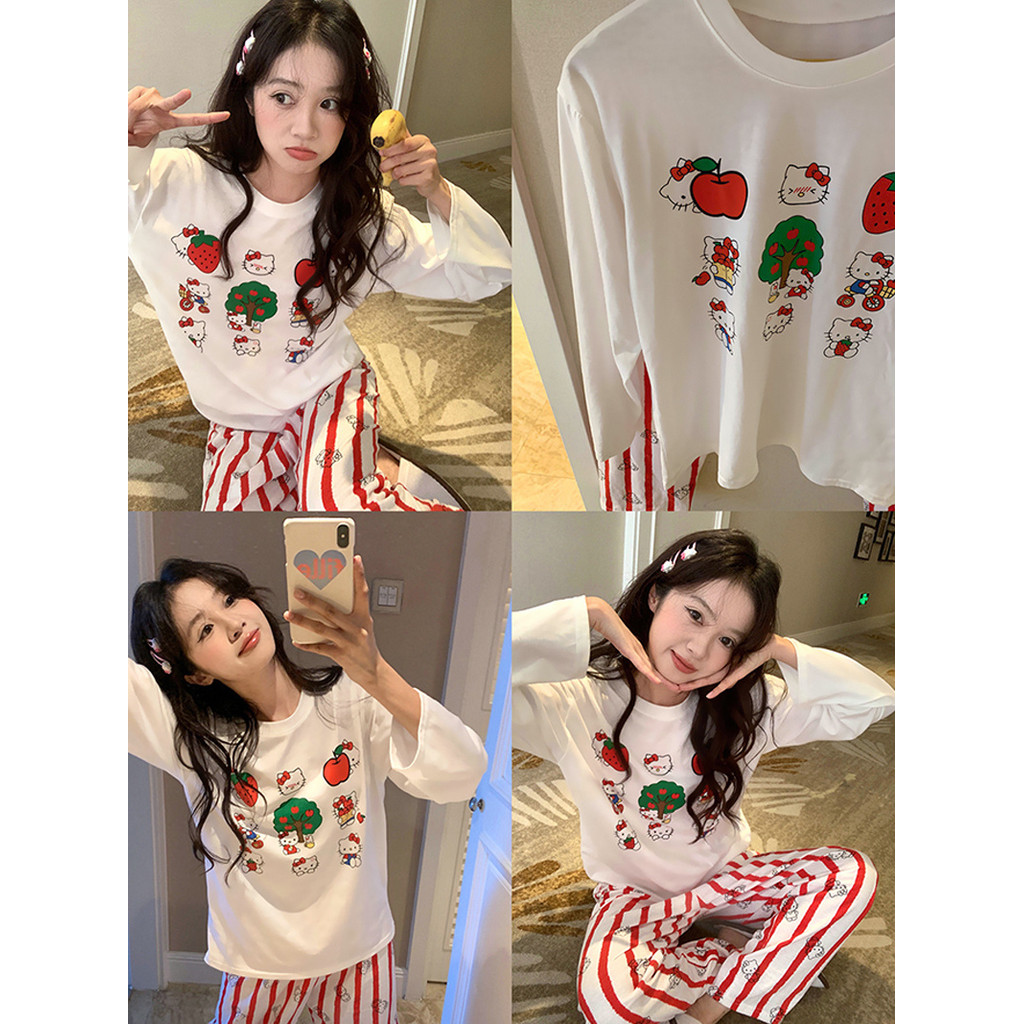 HelloKitty ชุดนอนสตรีฤดูใบไม้ร่วงคอลูกเรือกางเกงขายาวสองชิ้นชุดลำลอง homewear หลวมและสบาย