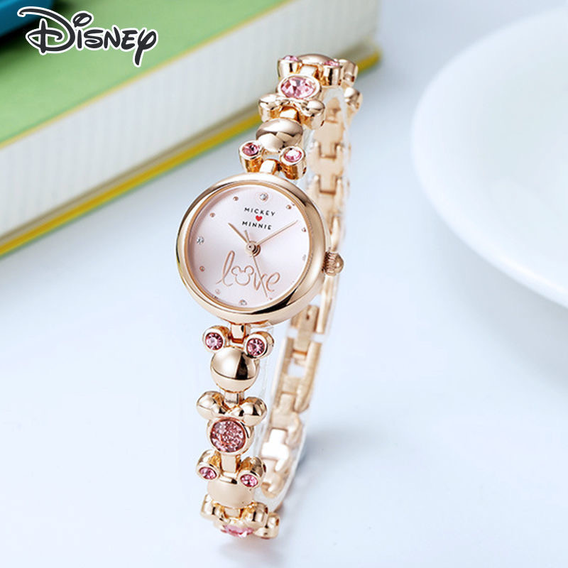 Disney Minnie สร้อยข้อมือผู้หญิงนาฬิกาสแตนเลสแบรนด์หรู Rose Gold นาฬิกาข้อมือแฟชั่นหญิง