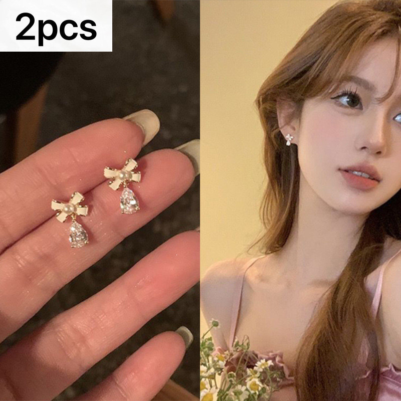 โบว์มุกหยดน้ําเพทายต่างหูประณีตขนาดเล็กน่ารักทุกวันต่างหูทุกการแข่งขัน