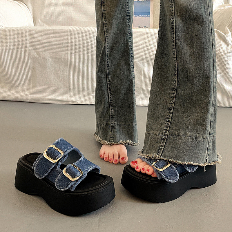หนา-soled 2024 กีฬาผู้หญิงอินเทรนด์เพิ่มความสูง All-Match Denim แพลตฟอร์มรองเท้าแตะรองเท้าแตะสไตล์ใหม่รองเท้าแตะโรมันยุโรปสินค้า