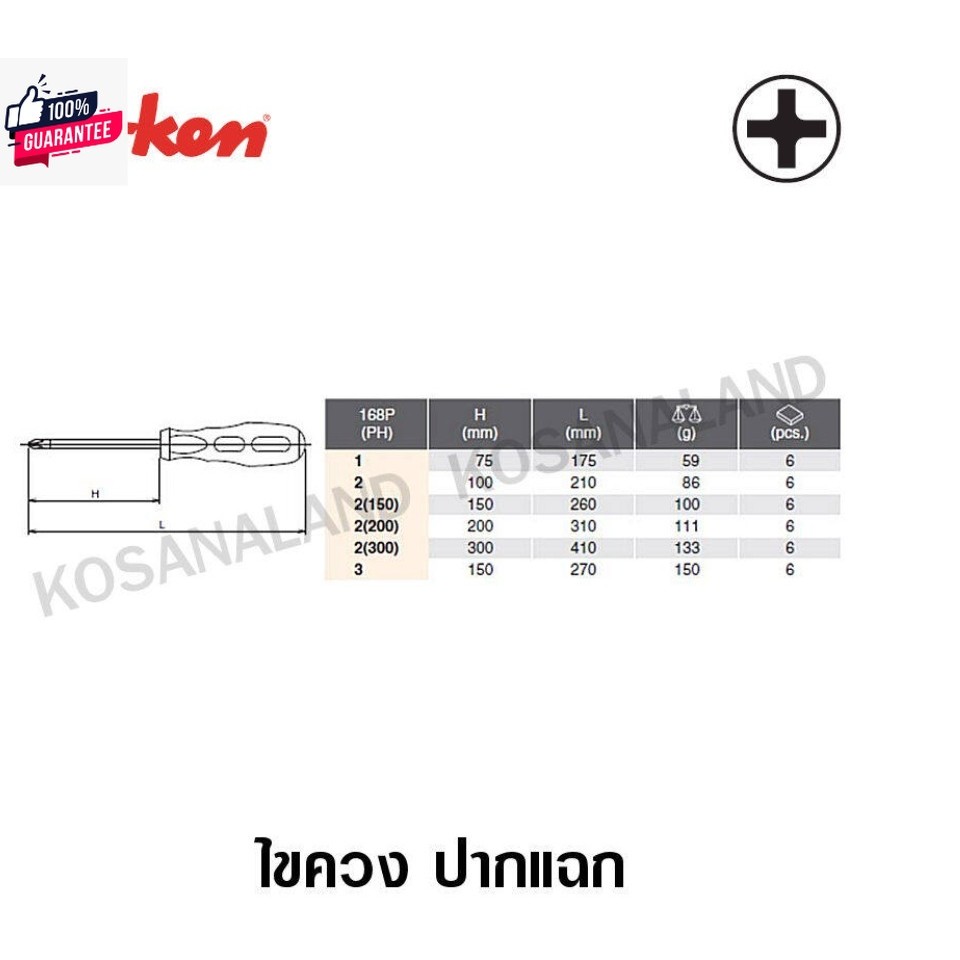Koken ไขควง ปากแฉก ไม่ทลุ 4 นิ้ว PH2 รุ่น 168P Phillips Screwdrivers