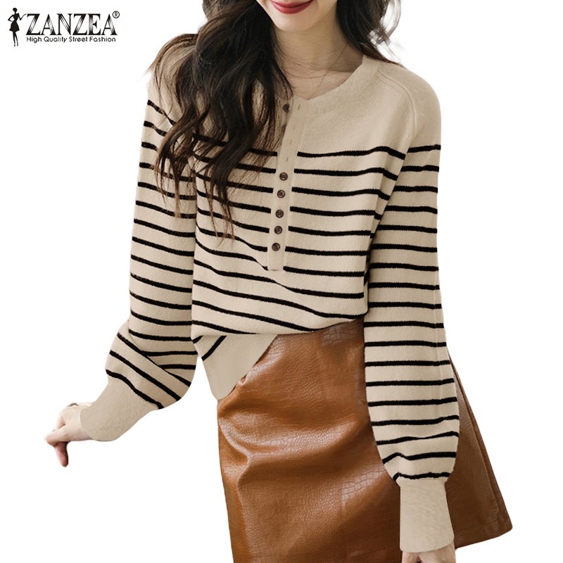 Zanzea ผู้หญิงเกาหลีลําลองคอกลมแขนยาวลาย Patchwork เสื้อยืดถัก
