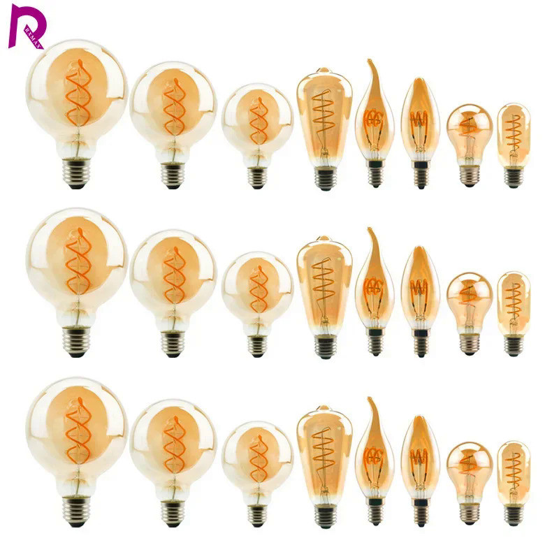 Retro Spiral Filament LED Bulb A60 C35 ST64 T45 G80 G95 G125 T1225 4W E27 220V Dimmable Edison Lamp 
