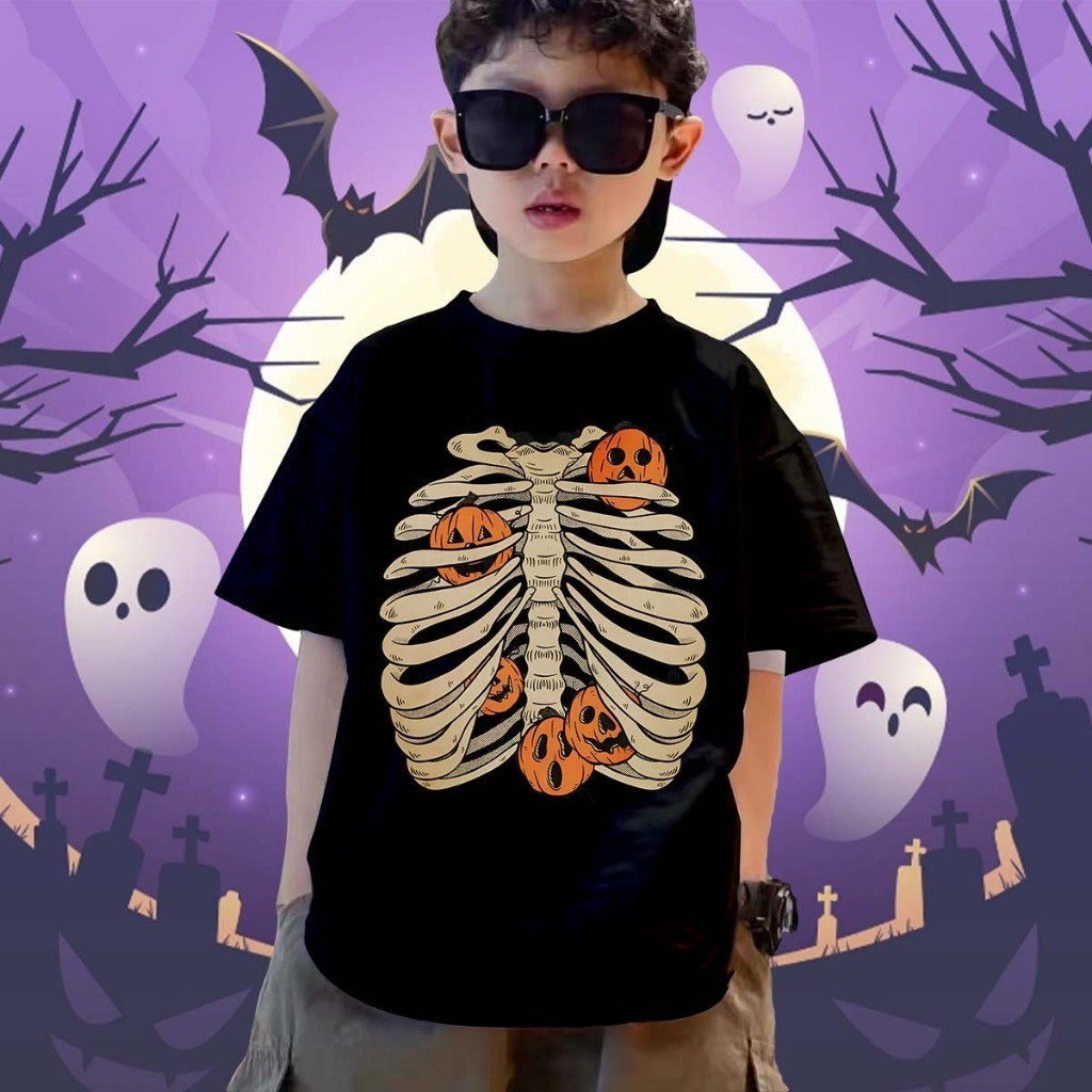 (จัดส่งตลอด 24 ชั่วโมง)KIDS tshirt ฮาโลวีน ลาย โครงกระดูก เสื้อยืดเด็กพร้อมส่ง ผ้าคอตตอล T314