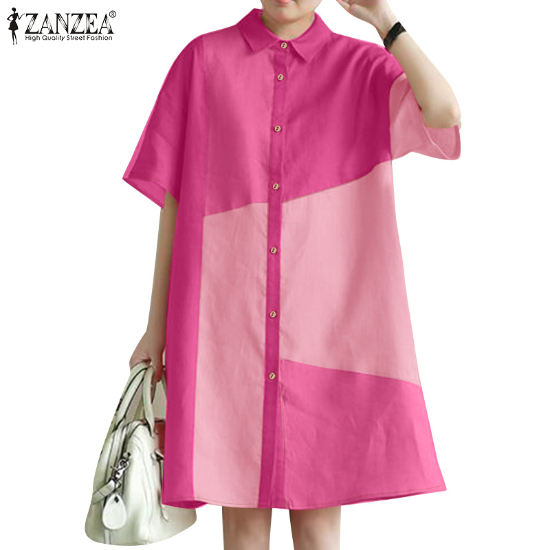 Zanzea เสื้อเชิ้ตแขนสั้นสีตัดกันแฟชั่นเกาหลีสําหรับผู้หญิง