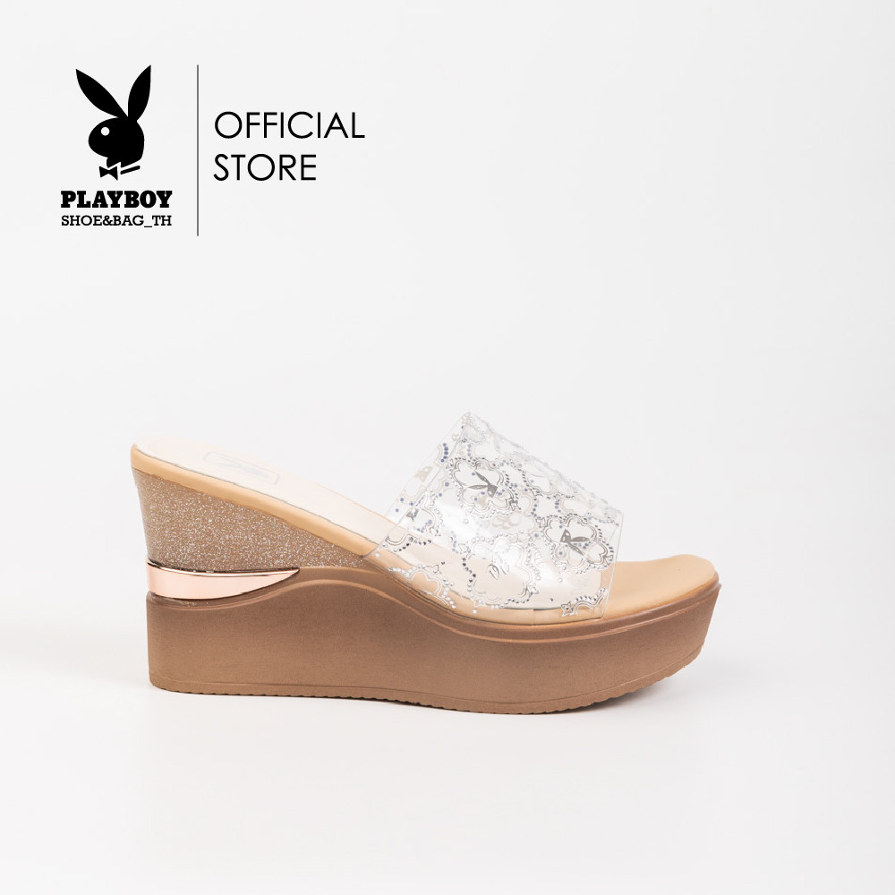 PLAYBOY รองเท้าส้นตัน รุ่น ST-H243C1185-SV ดีไซน์รองเท้าส้นตึกสายคาดพลาสติกใสสกรีนลาย เรียงเพชรสีเงิน